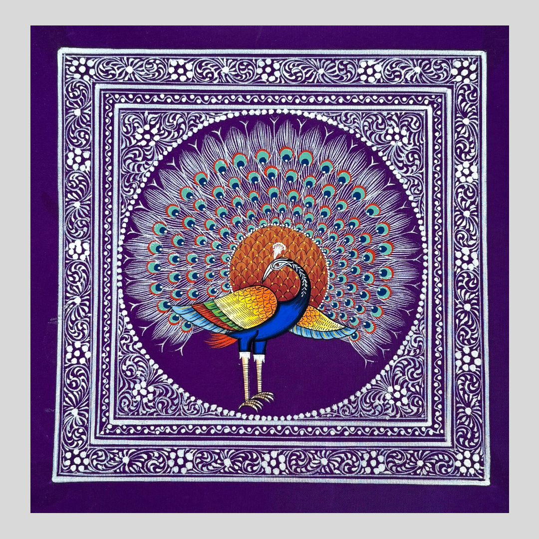 Rajasthani Handmade Miniature painting Royal Peacock Purple background facing Left
