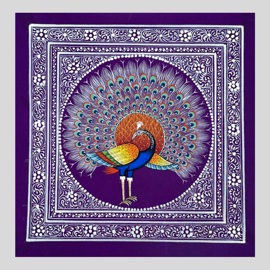 Rajasthani Handmade Miniature painting Royal Peacock Purple background facing Left