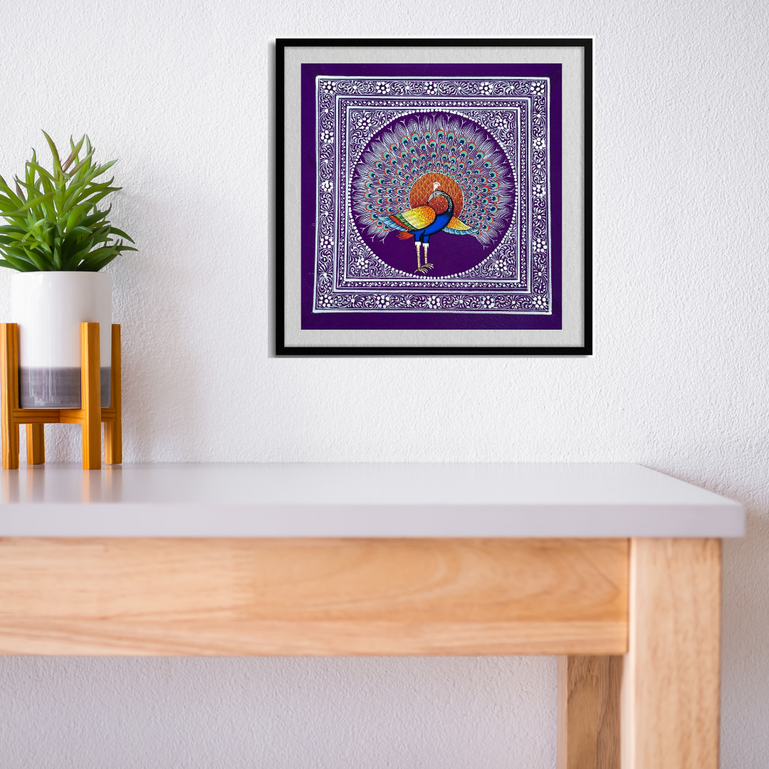 Rajasthani Handmade Miniature painting Royal Peacock Purple background facing Left