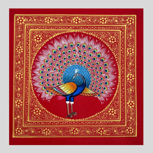 Rajasthani Handmade Miniature painting Royal Peacock Red background facing Left