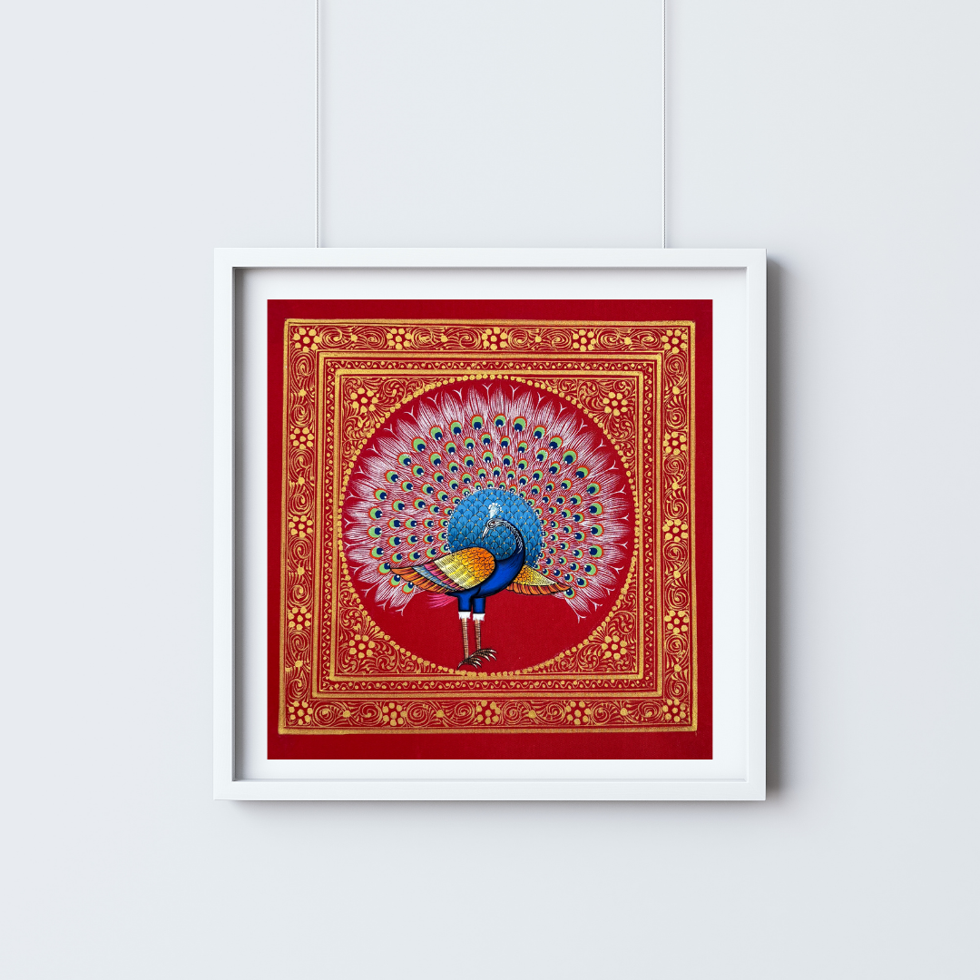 Rajasthani Handmade Miniature painting Royal Peacock Red background facing Left
