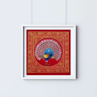 Rajasthani Handmade Miniature painting Royal Peacock Red background facing Left