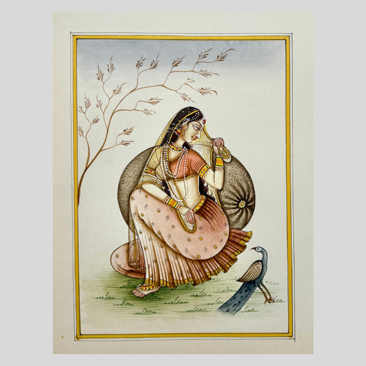 Rajasthani Handmade Miniature painting Ragini with Peacock in Garden