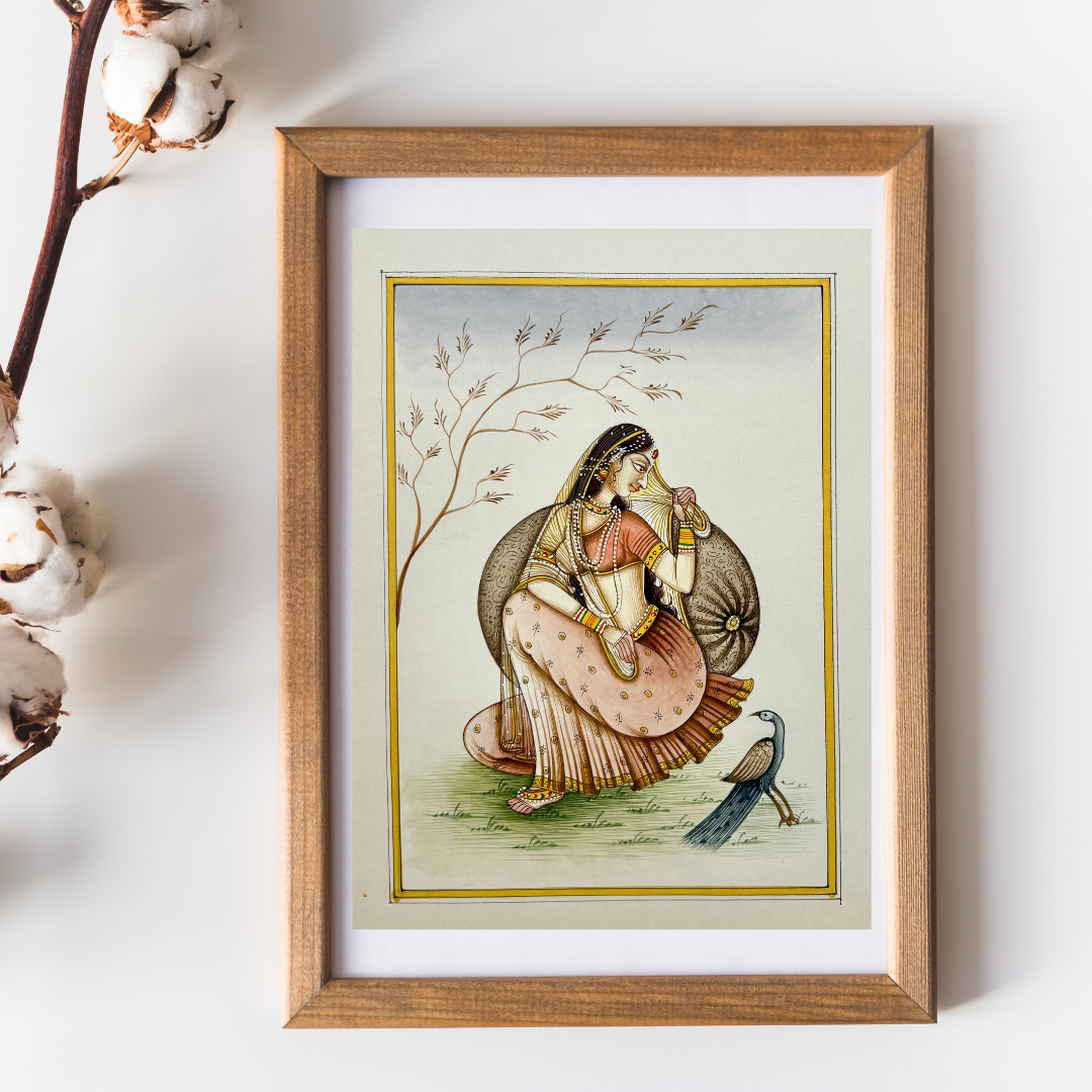Rajasthani Handmade Miniature painting Ragini with Peacock in Garden