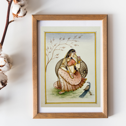 Rajasthani Handmade Miniature painting Ragini with Peacock in Garden