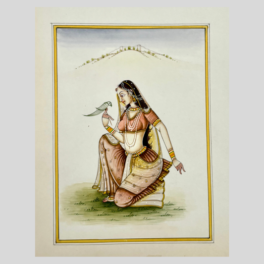 Rajasthani Handmade Miniature painting Ragini with Parrot