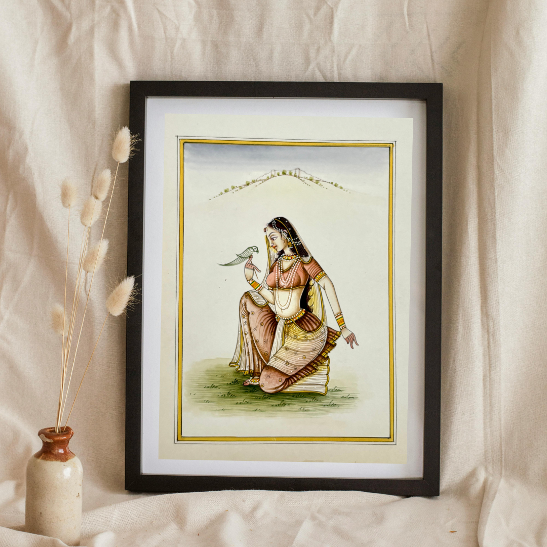 Rajasthani Handmade Miniature painting Ragini with Parrot