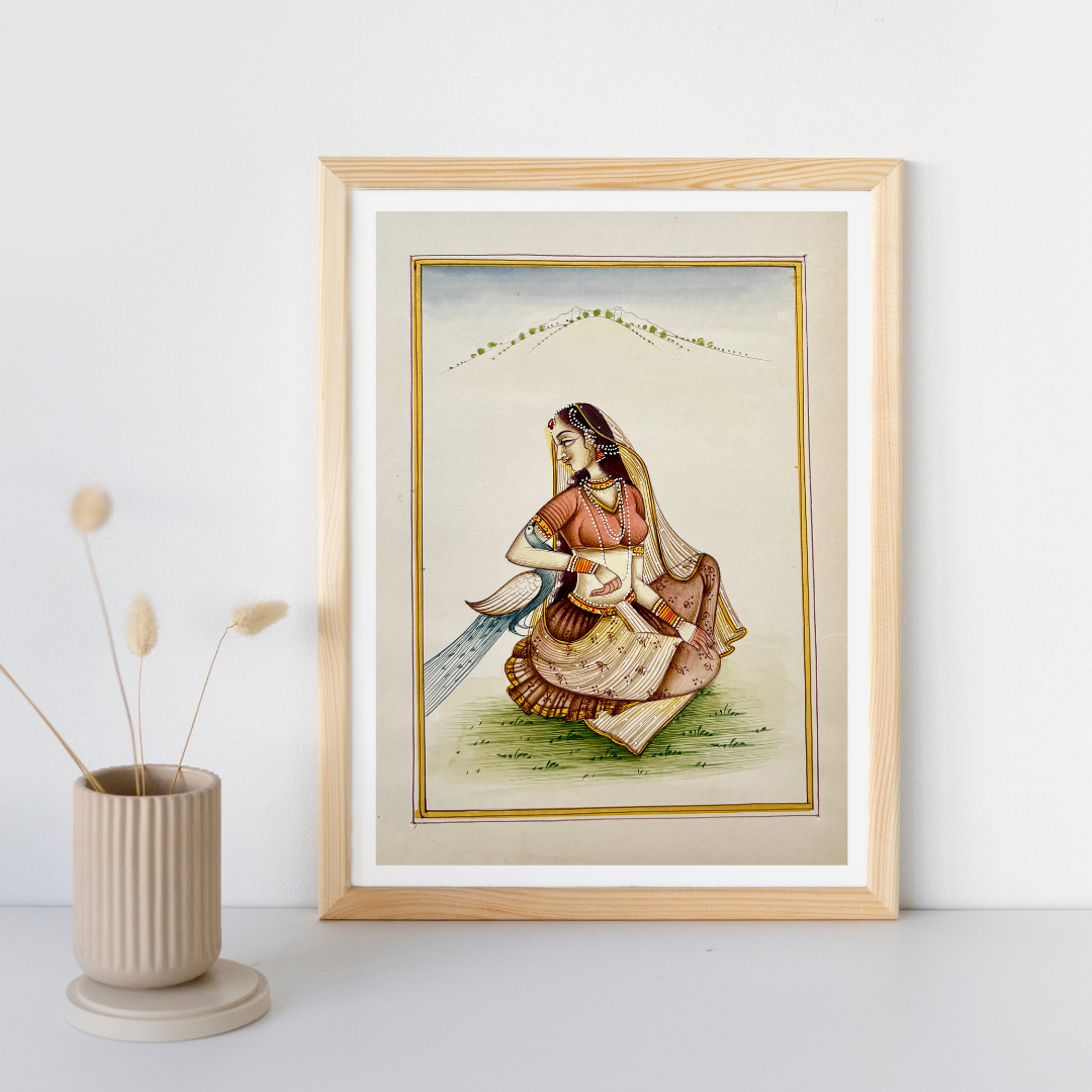 Rajasthani Handmade Miniature painting Ragini with Peacock