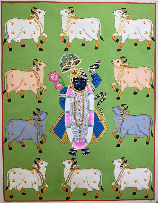 Rajasthani Pichwai Painting Shrinathji with Cows(Kamdhenu) Nathdwara Green Background