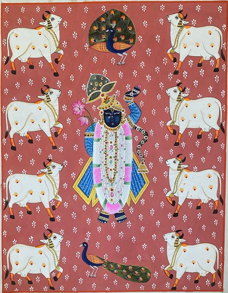 Rajasthani Pichwai Painting Shrinathji with Cows(Kamdhenu) Nathdwara Peach background