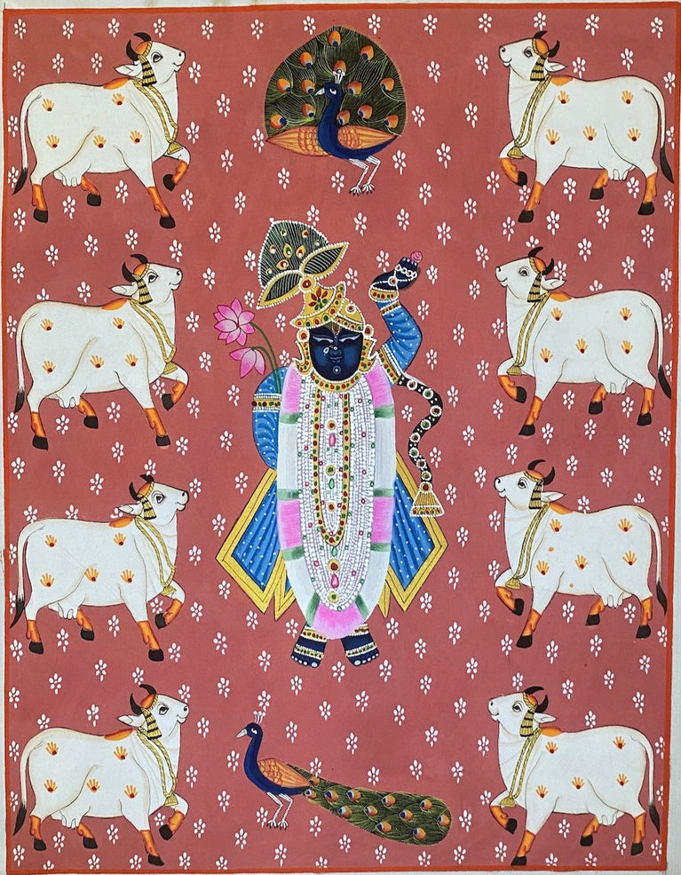 Rajasthani Pichwai Painting Shrinathji with Cows(Kamdhenu) Nathdwara Peach background