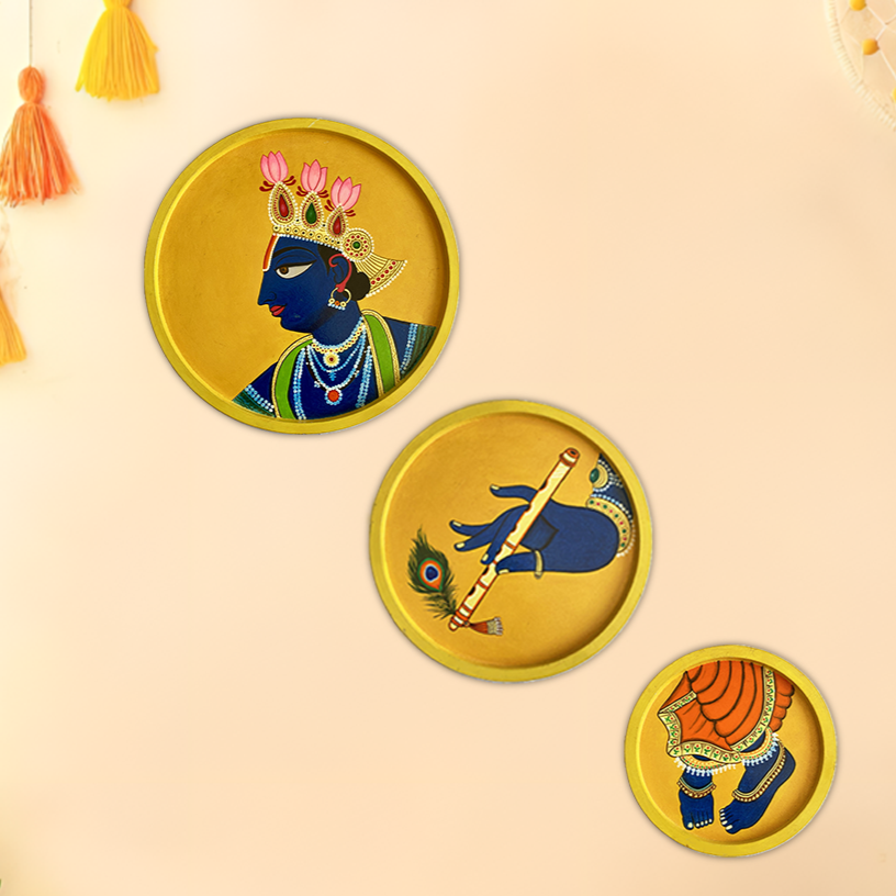 Handpainted Wooden Wall Plate-Round-Set of 3-Krishna