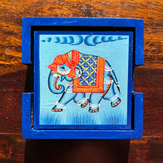 Wooden Hand painted Tea Coaster | Elephant | Blue