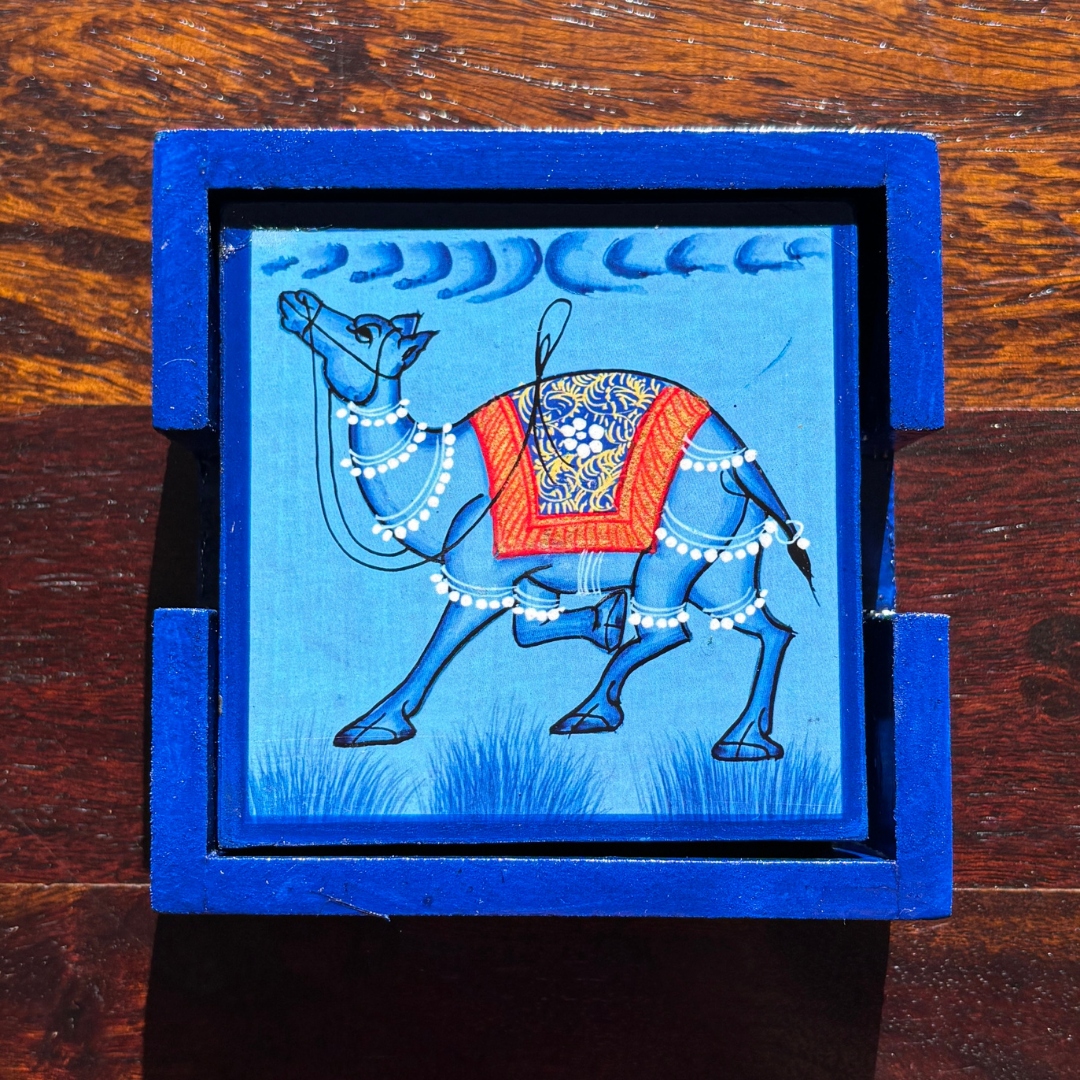 Wooden Hand painted Tea Coaster | Camel | Blue
