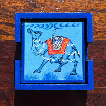Wooden Hand painted Tea Coaster | Camel | Blue