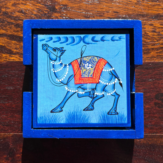 Wooden Hand painted Tea Coaster | Camel | Blue