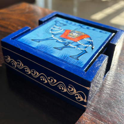 Wooden Hand painted Tea Coaster | Camel | Blue