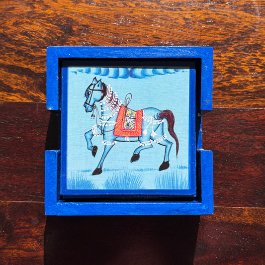 Wooden Hand painted Tea Coaster | Horse | Blue