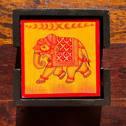 Wooden Hand painted Tea Coaster | Elephant| Yellow