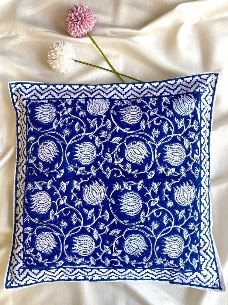 Hand Blockprinted Cushion Cover-Blue-Lotus design (set of 5 cushion covers)