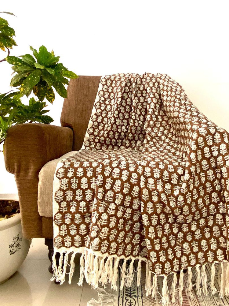 Hand block printed Cotton Sofa Throws - Brown Floral print