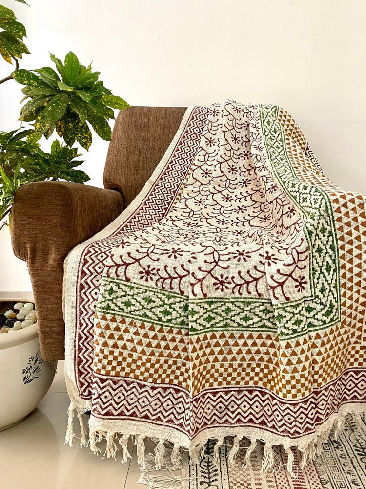 Hand Blockprinted Cotton Sofa Throws - Maroon floral - Green border