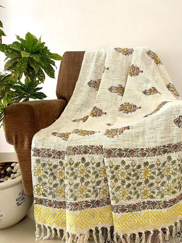 Hand Blockprinted Cotton Sofa Throws - Yellow & Pink Paan Motif