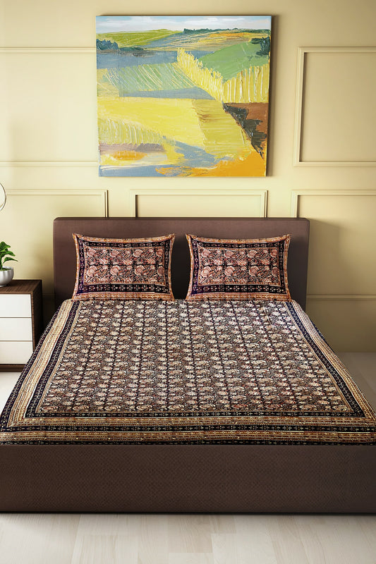 Hand Blockprinted Kalamkari Cotton Double Bedsheet With Pillow Covers