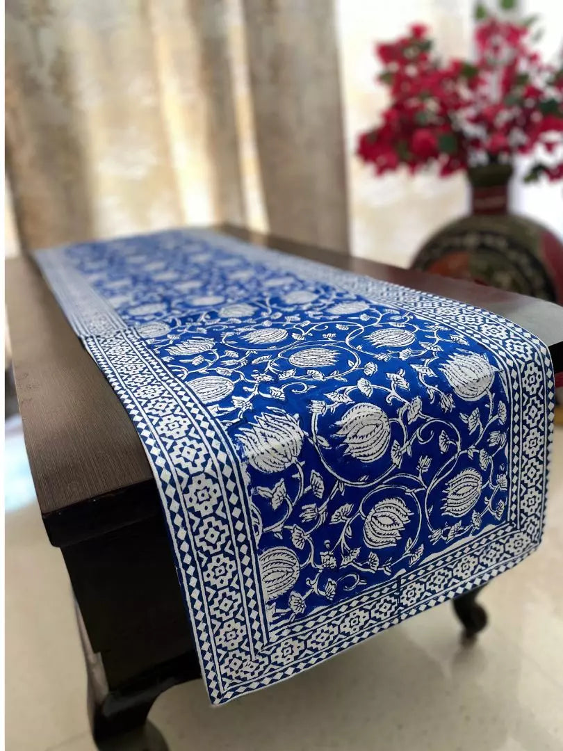 Hand block printed table runner Royal blue Lotus design