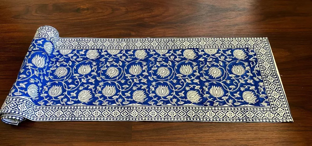 Handblock printed table runner Royal blue Lotus design