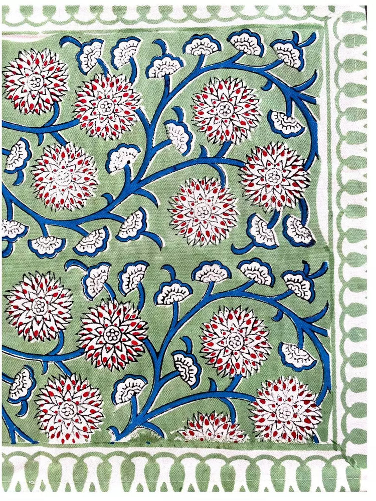 Hand blockprinted table runner | Royal green | Chrysanthemum design