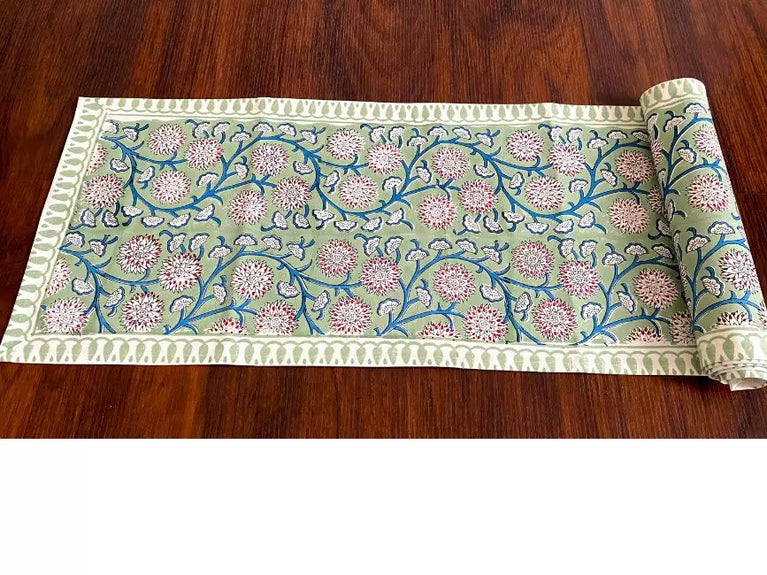 Hand blockprinted table runner | Royal green | Chrysanthemum design