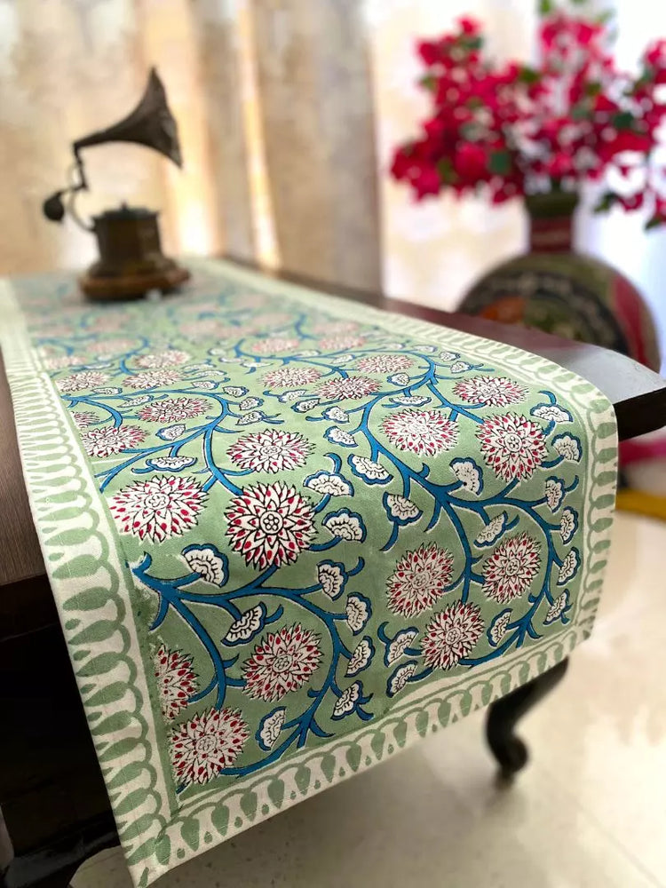 Hand blockprinted table runner | Royal green | Chrysanthemum design