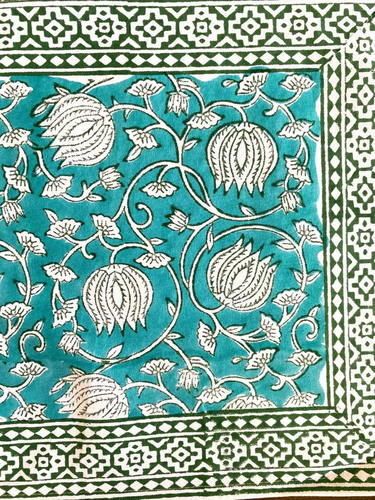 Hand blockprinted table runner | Sea green | Lotus design