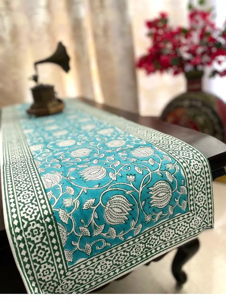 Hand blockprinted table runner | Sea green | Lotus design