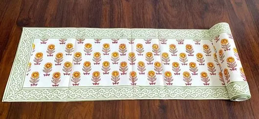 Hand blockprinted table runner  Yellow  Sunflower design Exporter