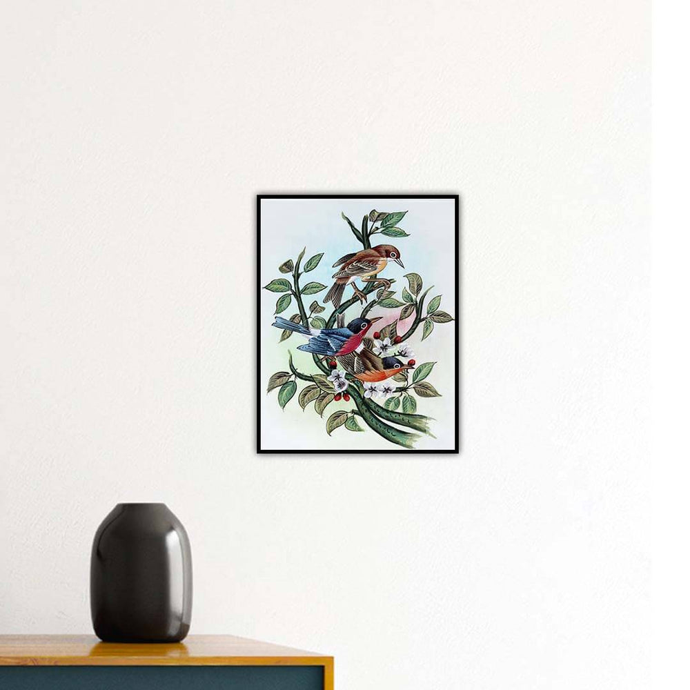 Bird painting three birds white flowers white border white background