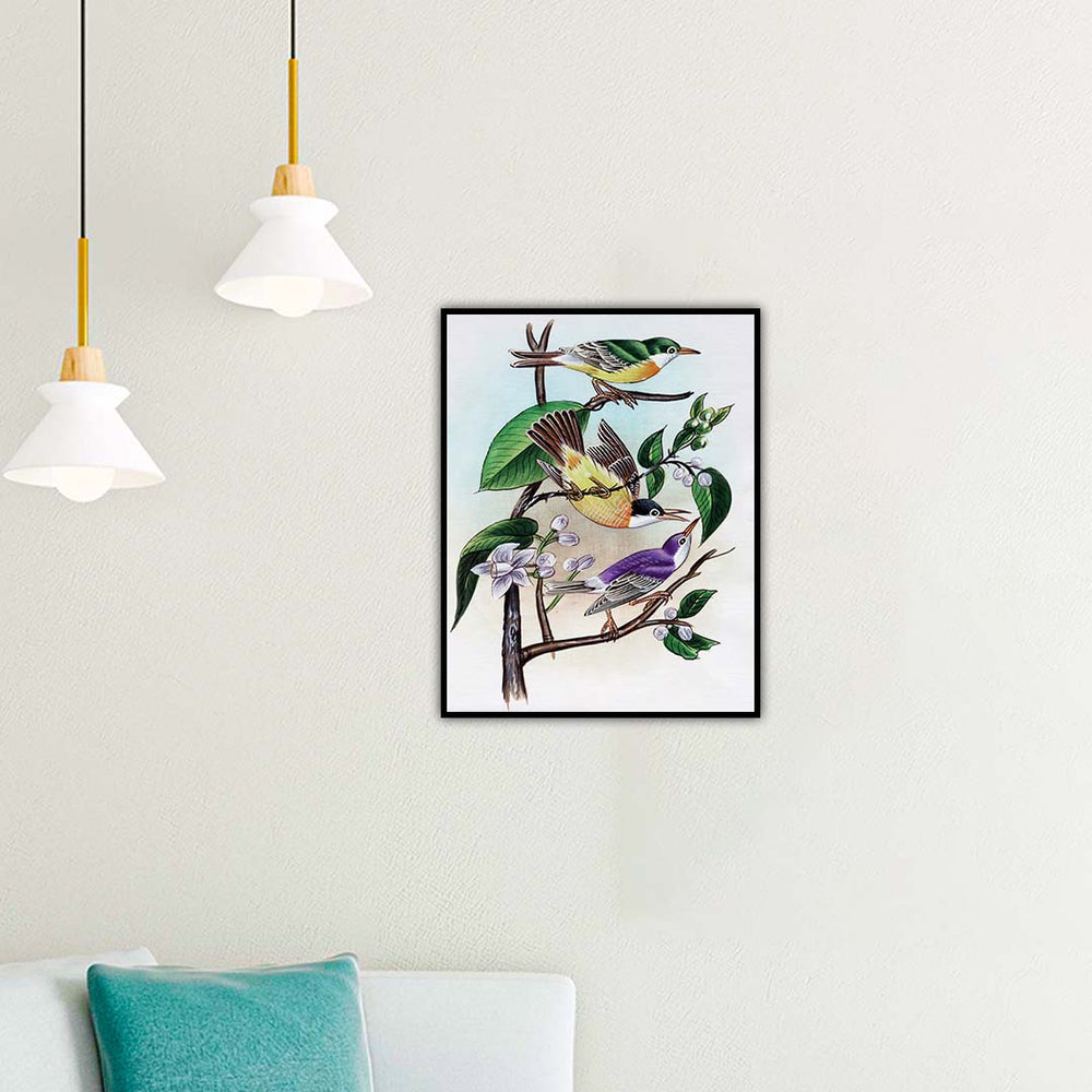 Bird painting three birds yellow purple white border white background