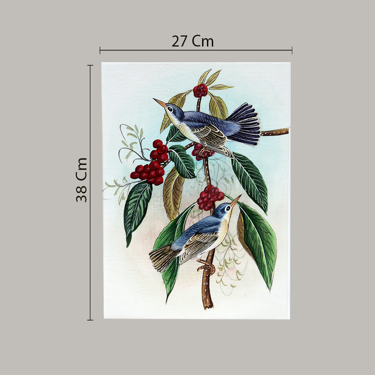 Bird painting two birds cherries white border white background