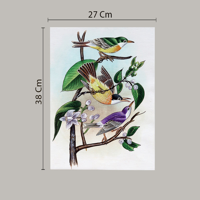 Bird painting three birds yellow purple white border white background