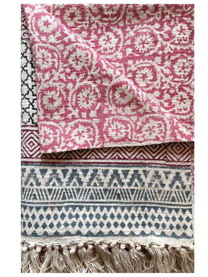 Block printed Cotton Sofa Throws-Pink