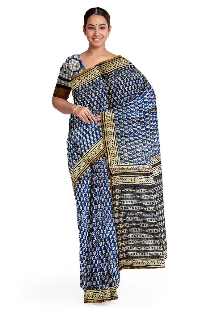 Block printed Kota Doriya Saree-Indigo