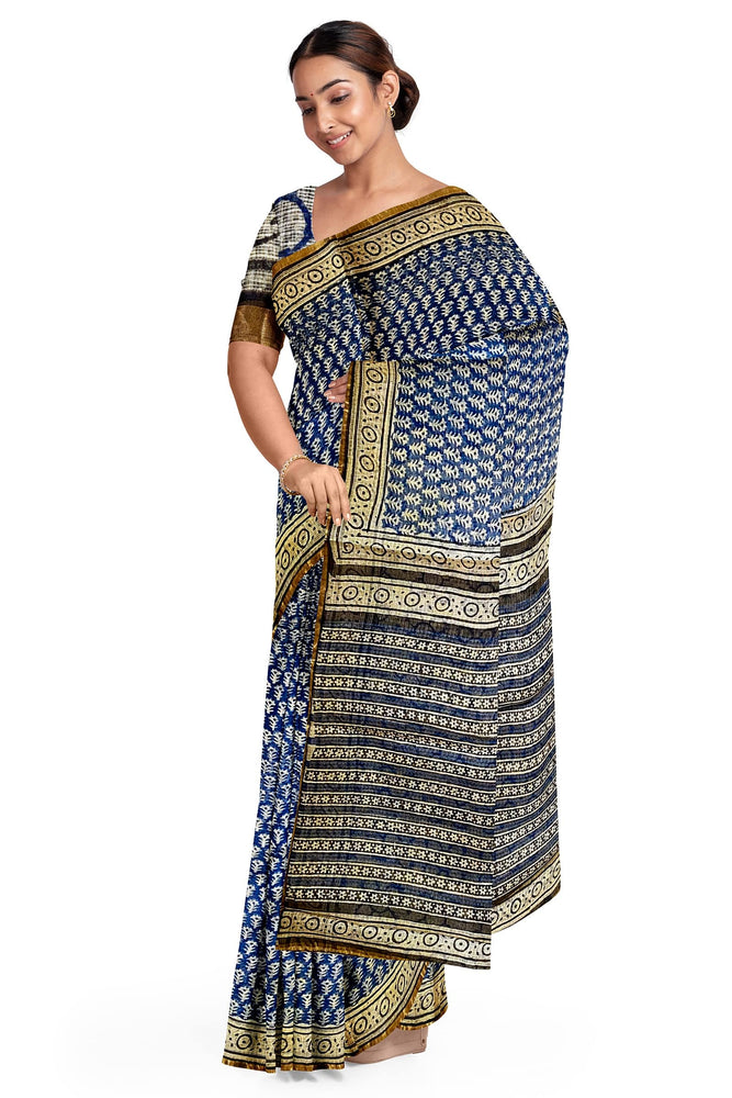 Block printed Kota Doriya Saree-Indigo