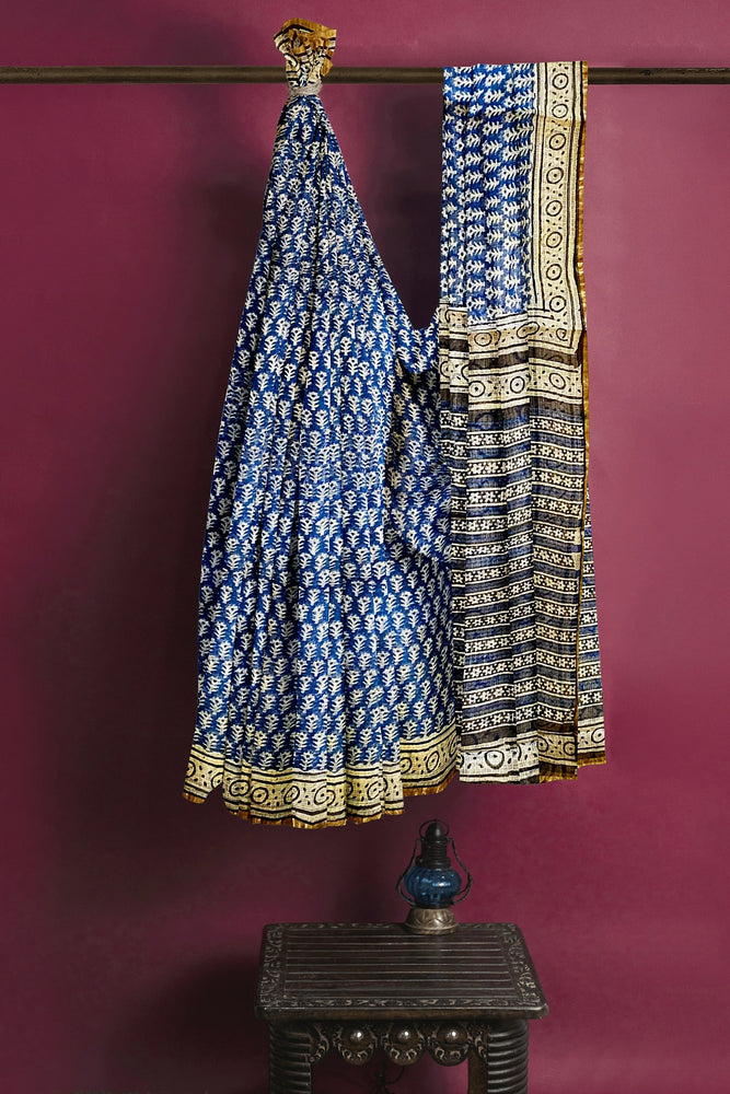 Block printed Kota Doriya Saree-Indigo