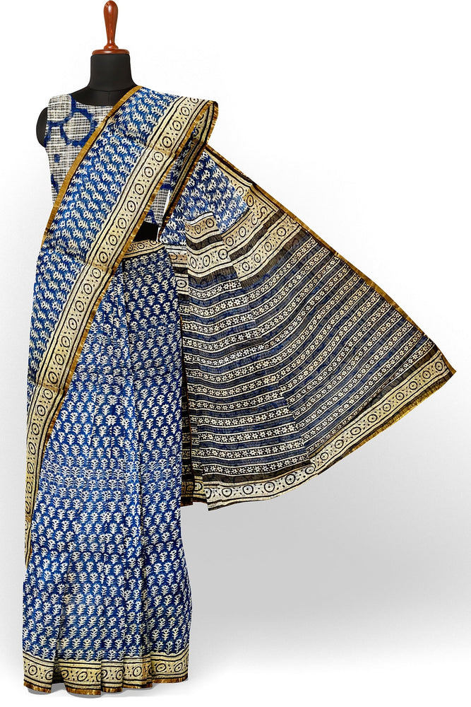 Block printed Kota Doriya Saree-Indigo