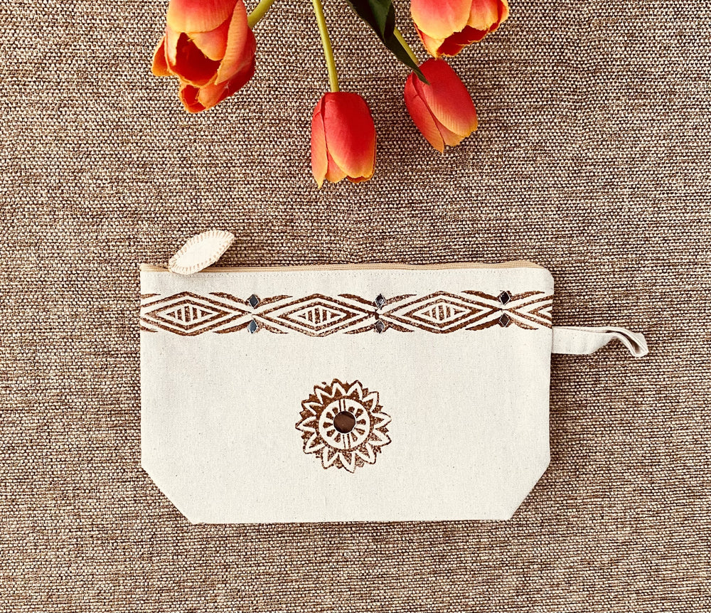 Handpainted Cotton Travel/Makeup Pouch- blockprint with mirror work on both sides