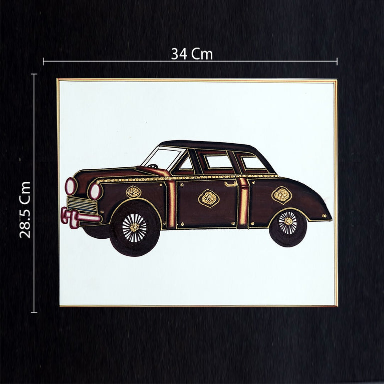 Rajasthani Miniature Handmade Painting | Vintage car | Black border | White background