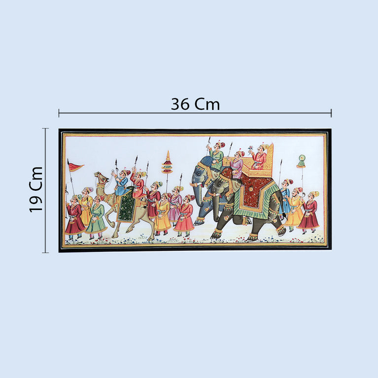 Rajasthani Miniature Handmade Painting | Royal procession | Left facing | White border | White background