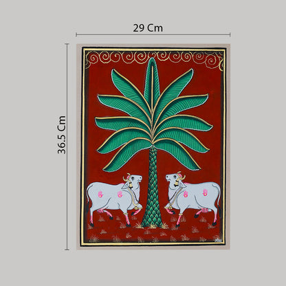 Pichwai painting by Mahesh Vishnoi with two cows and tree maroon background