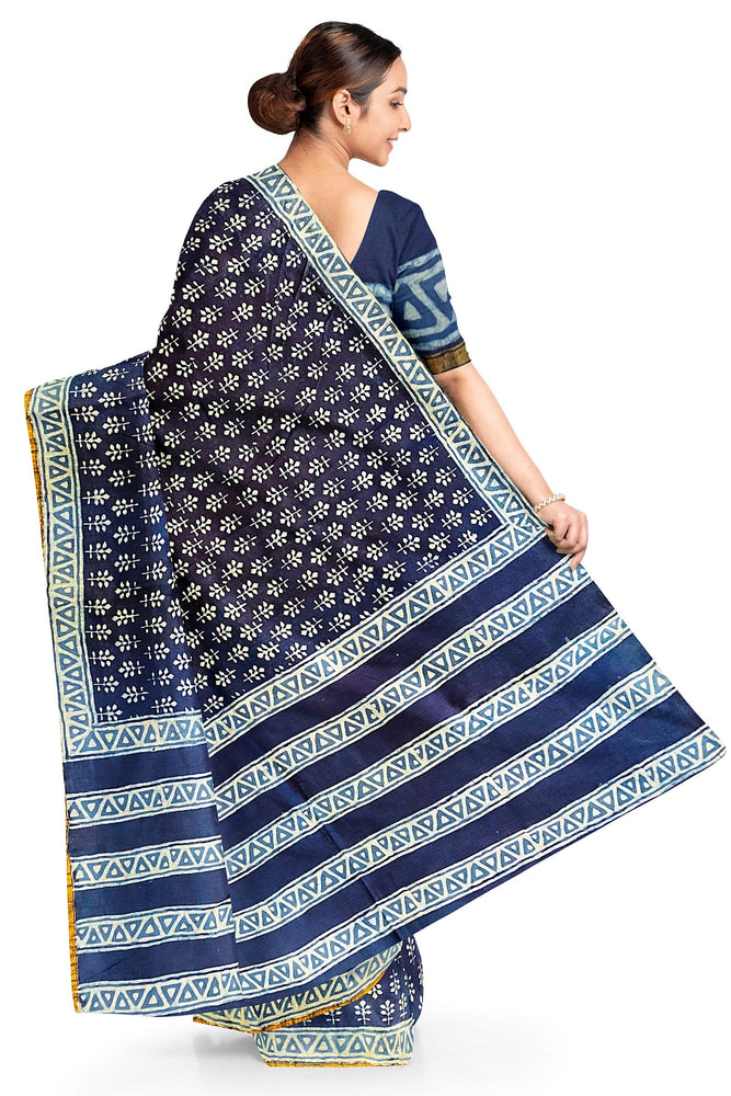 Hand Blockprinted Chanderi Silk Saree-Indigo